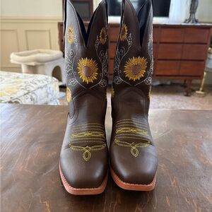 Mid Calf Western Cowboy Boots Sunflower Booties Shoes Low Block Heel 7.5 38